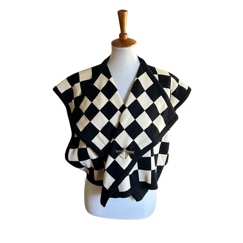 Escada Margaretha Ley Black Ivory Checkerboard Knit Vest Cardigan EU 34